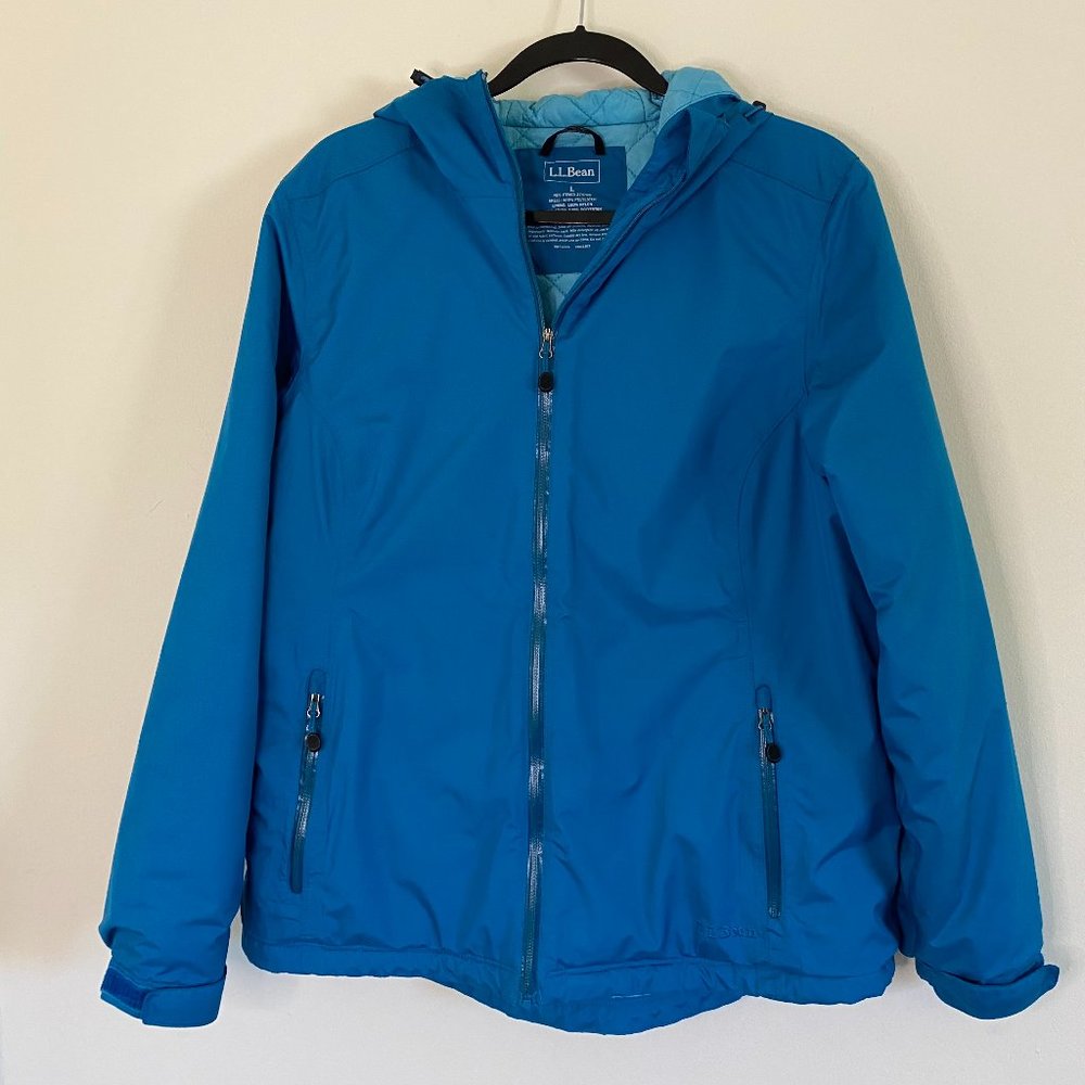 LL Bean Blue Hooded Coat Size L with Quilted Interior
